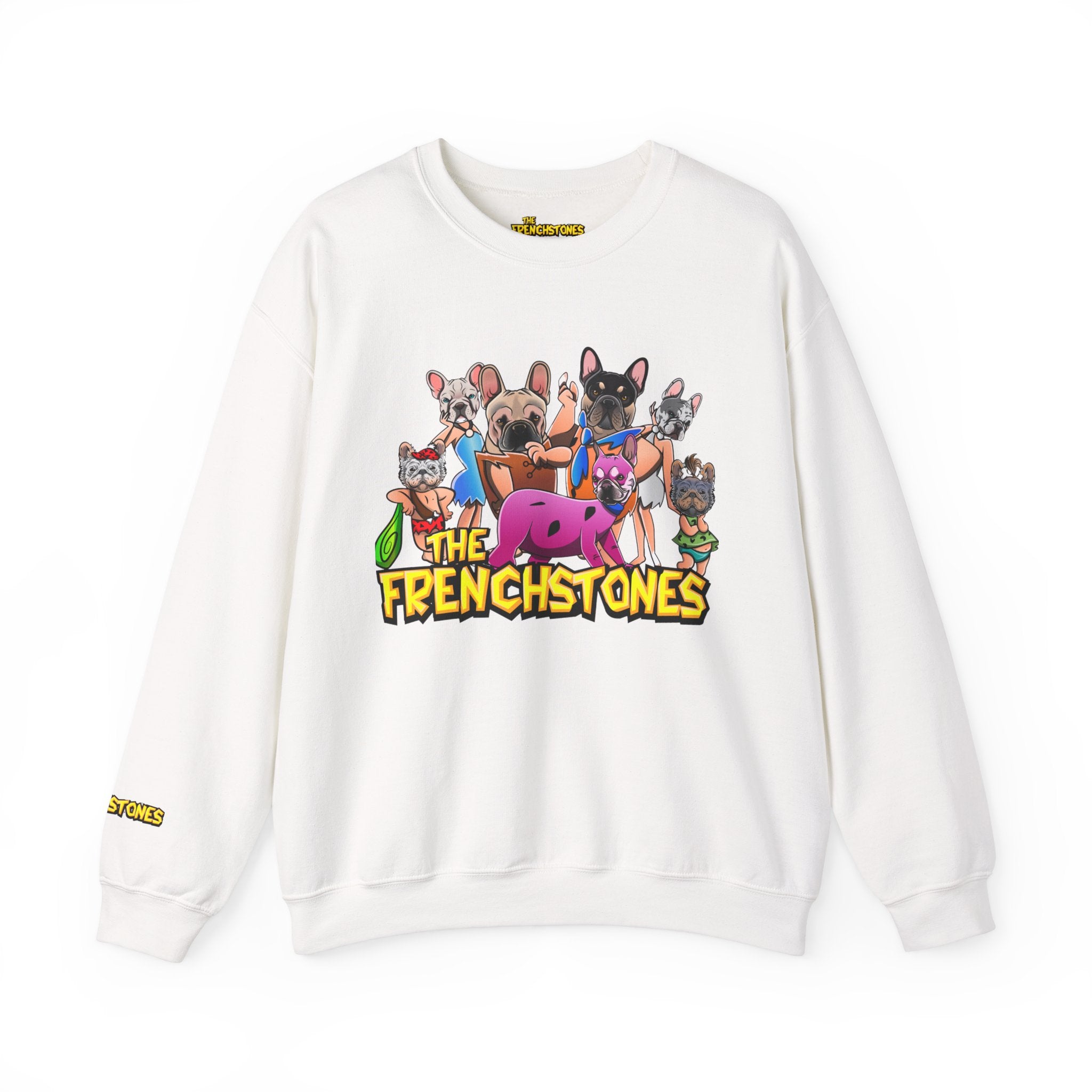 White sweatshirt with cartoon character French bulldogs.